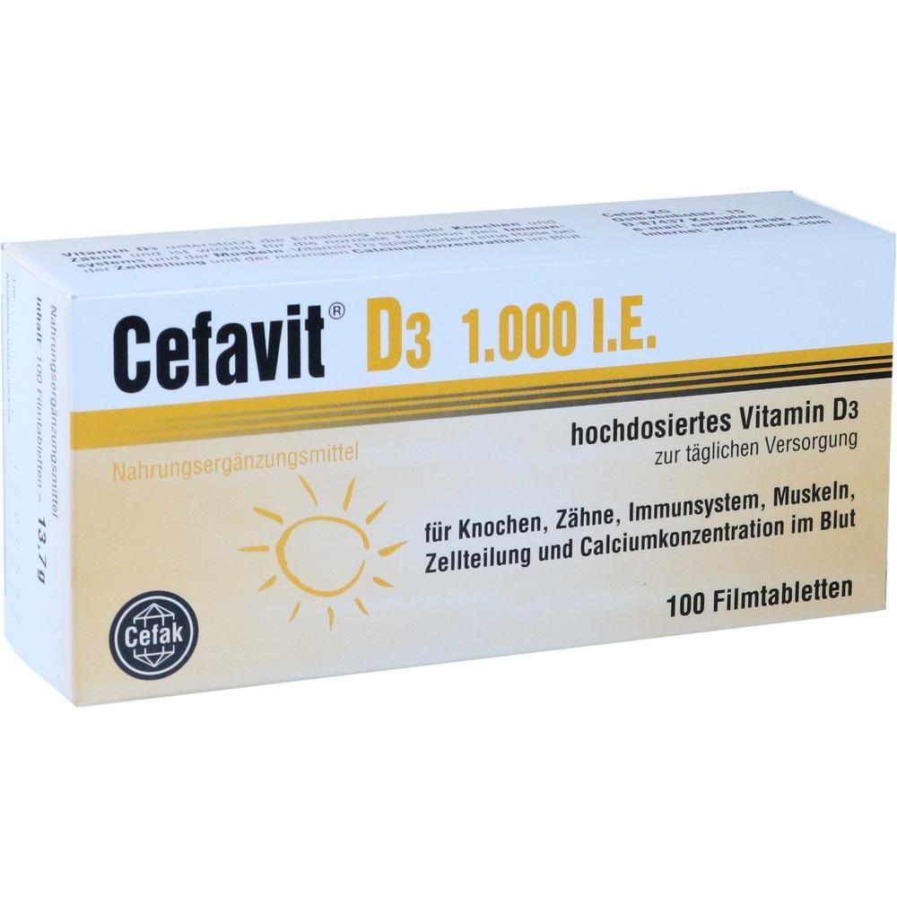 Verpackung von Cefavit D3, einem Vitamin-D3-Nahrungserg&auml;nzungsmittel, mit 100 Tabletten.