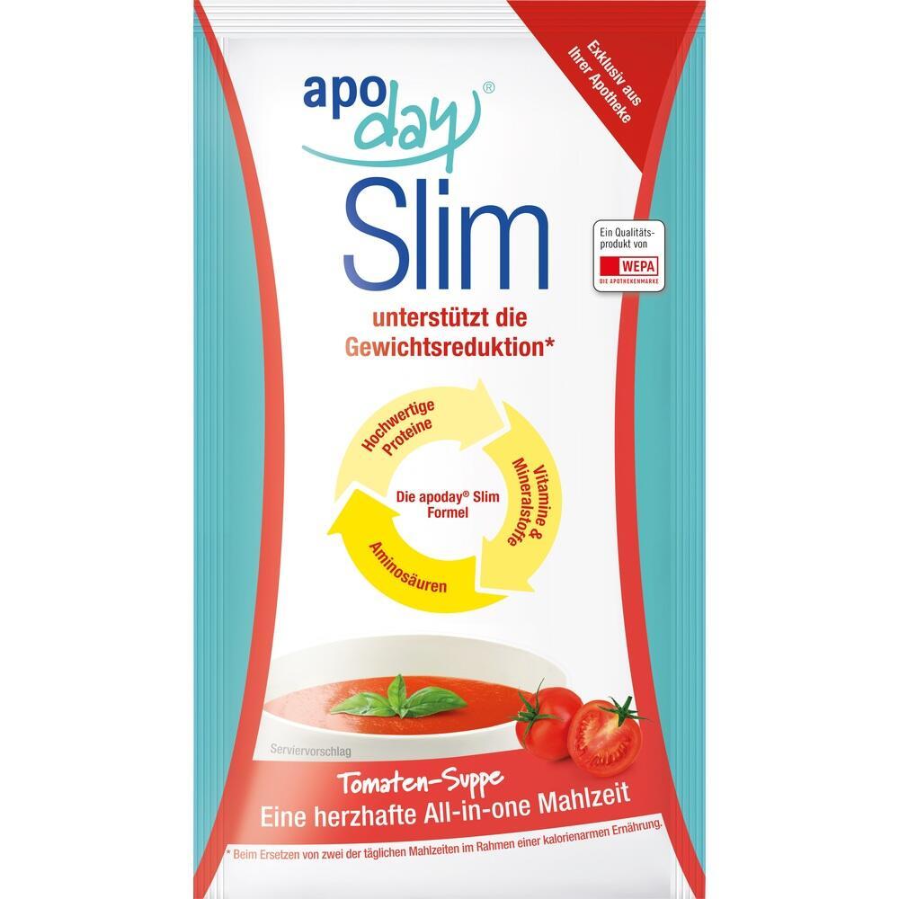 Eine Packung einer Tomatensuppe zur Unterstützung der Gewichtsabnahme namens "apo day Slim".