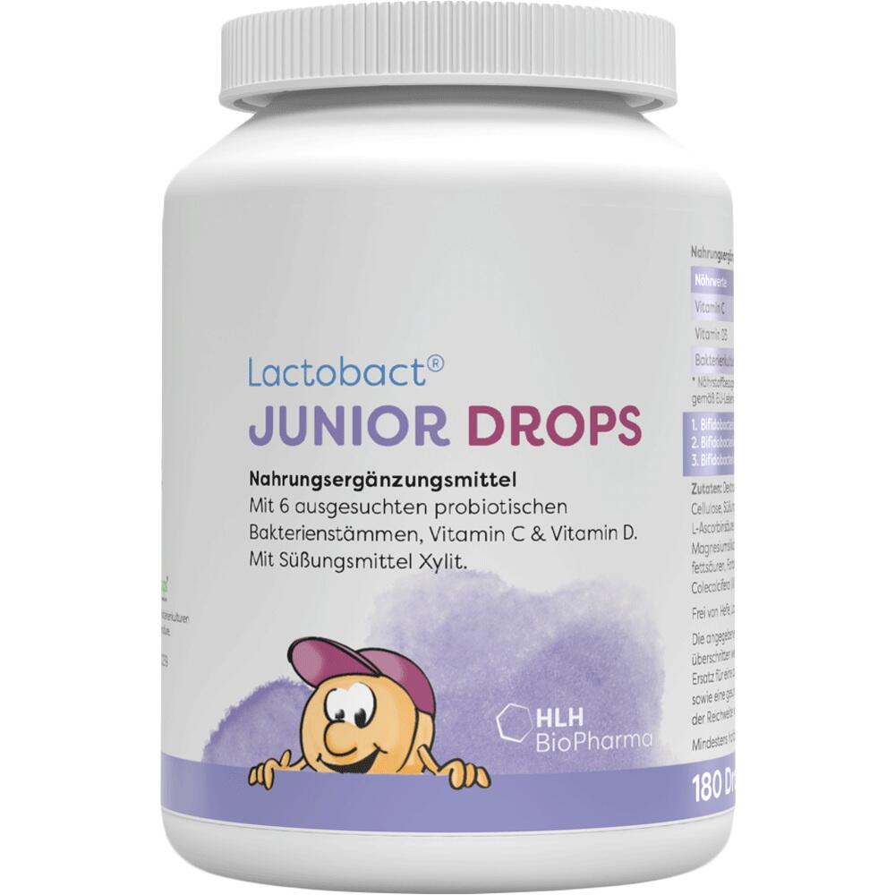 Weiße Dose mit der Aufschrift "Lactobact Junior Drops" und einem bunten Cartoon-Gesicht.