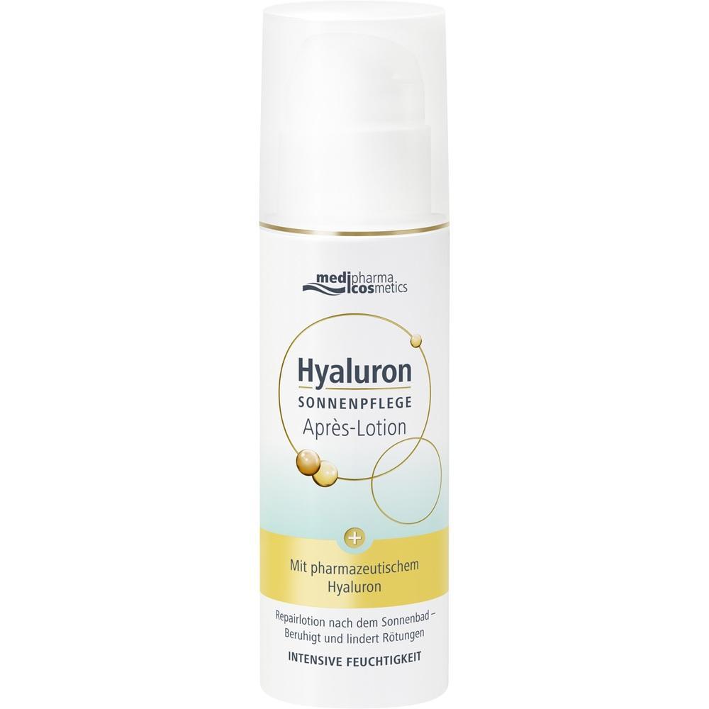 Weiße Flasche mit Hyaluron Sonnenpflege Après-Lotion von medipharma cosmetics.
