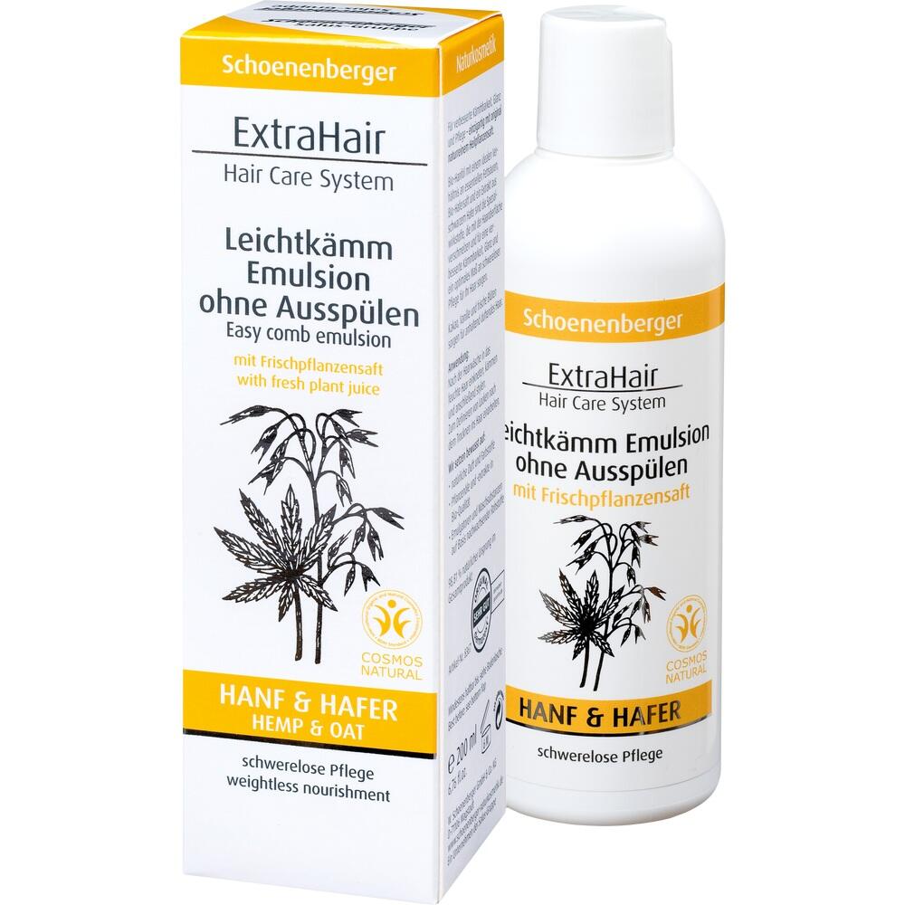 Weiße Flasche und Verpackung mit Pflanzenbild und der Aufschrift "Leichtkämm Emulsion".