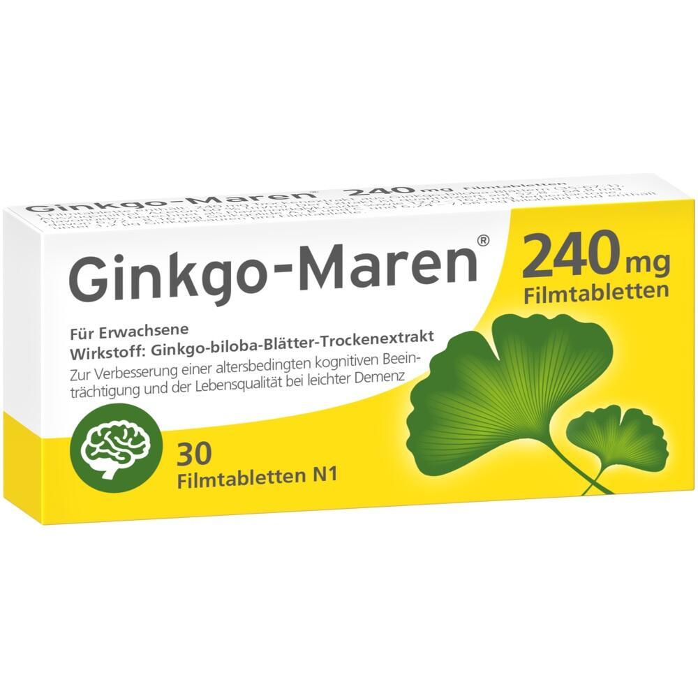 Eine Packung mit Ginkgo-Maren 240 mg Filmtabletten f&uuml;r Erwachsene.