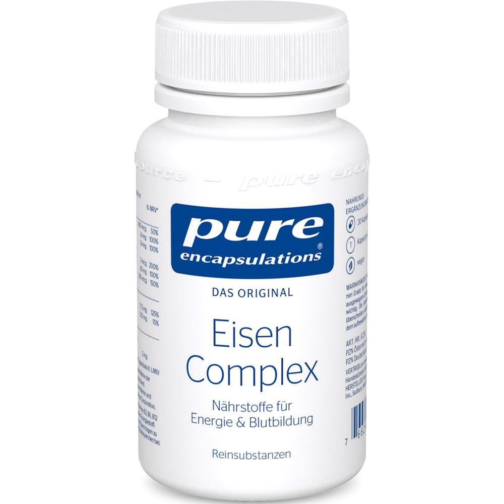 Weiße Plastikdose mit dem Aufdruck "Eisen Complex" und blauer "pure encapsulations"-Marke.