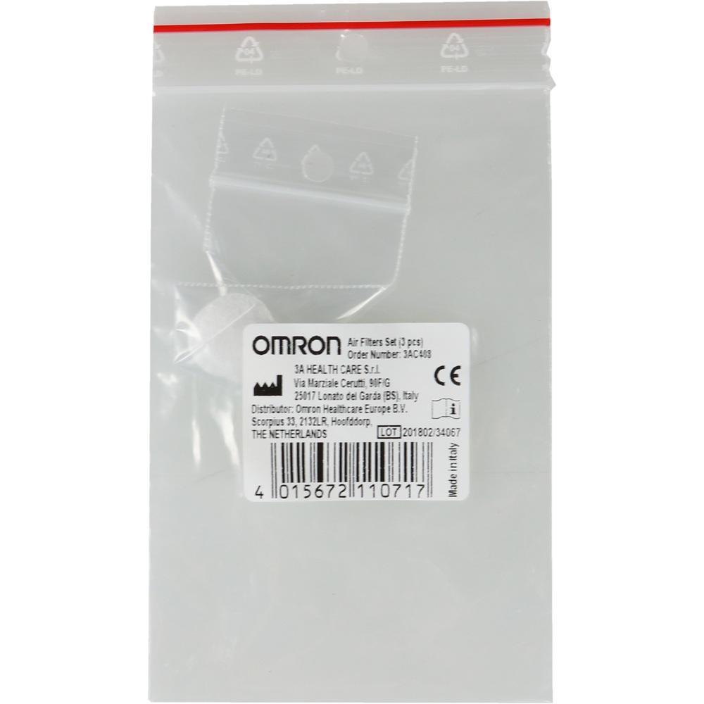 Kleine Plastikverpackung mit einem Etikett von Omron und Strichcode.