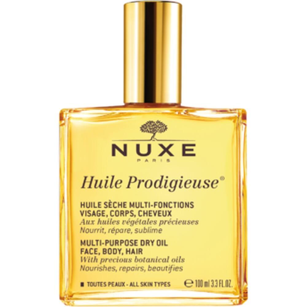 Gelbe Flasche mit Öl für Gesicht, Körper und Haare von Marke Nuxe.