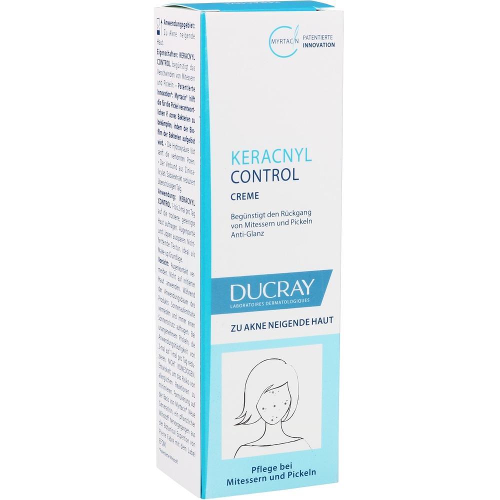 Eine Creme-Schachtel gegen Akne mit blau-wei&szlig;em Design und einem gezeichneten Gesicht.