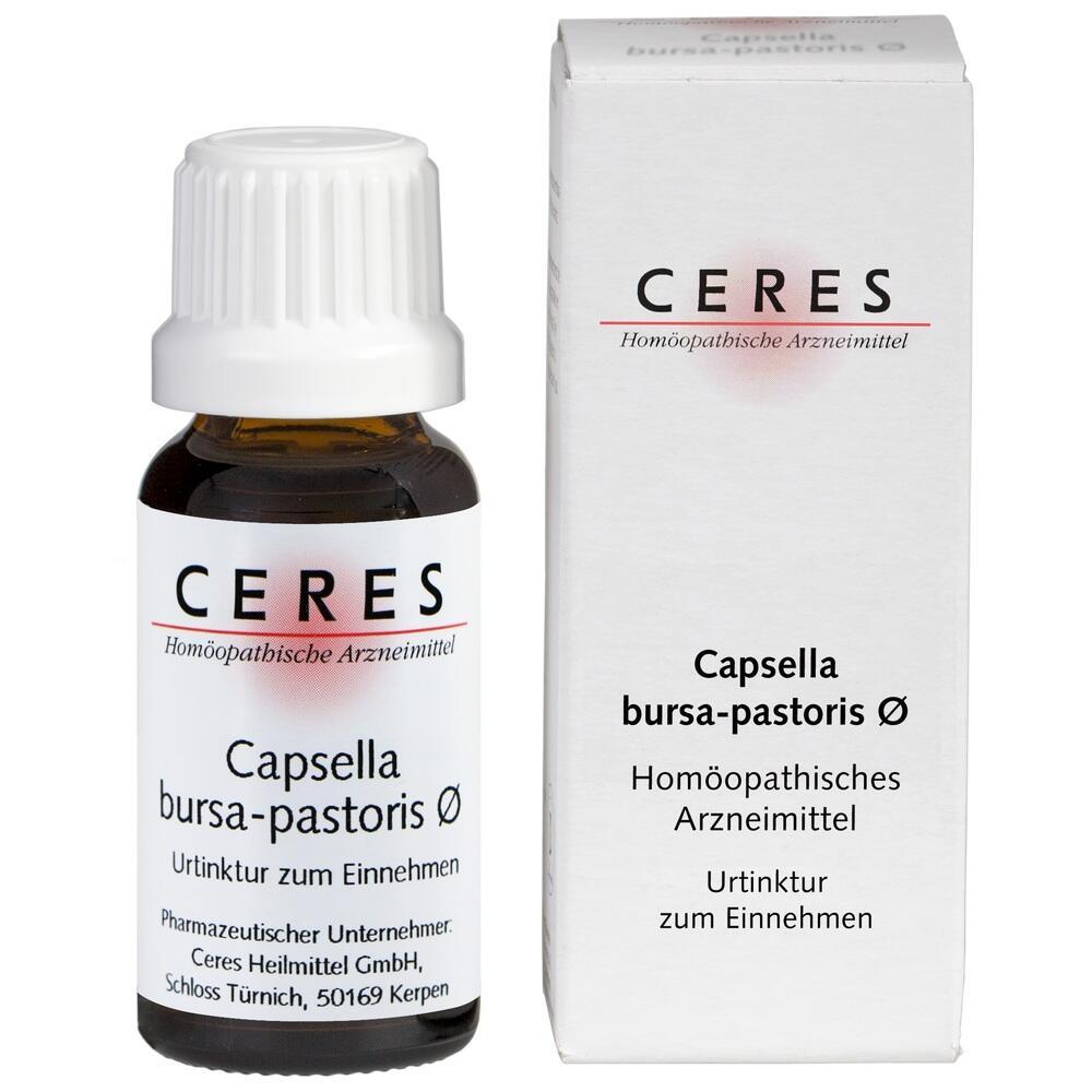 Flasche und Verpackung eines homöopathischen Mittels von Ceres mit der Aufschrift "Capsella".