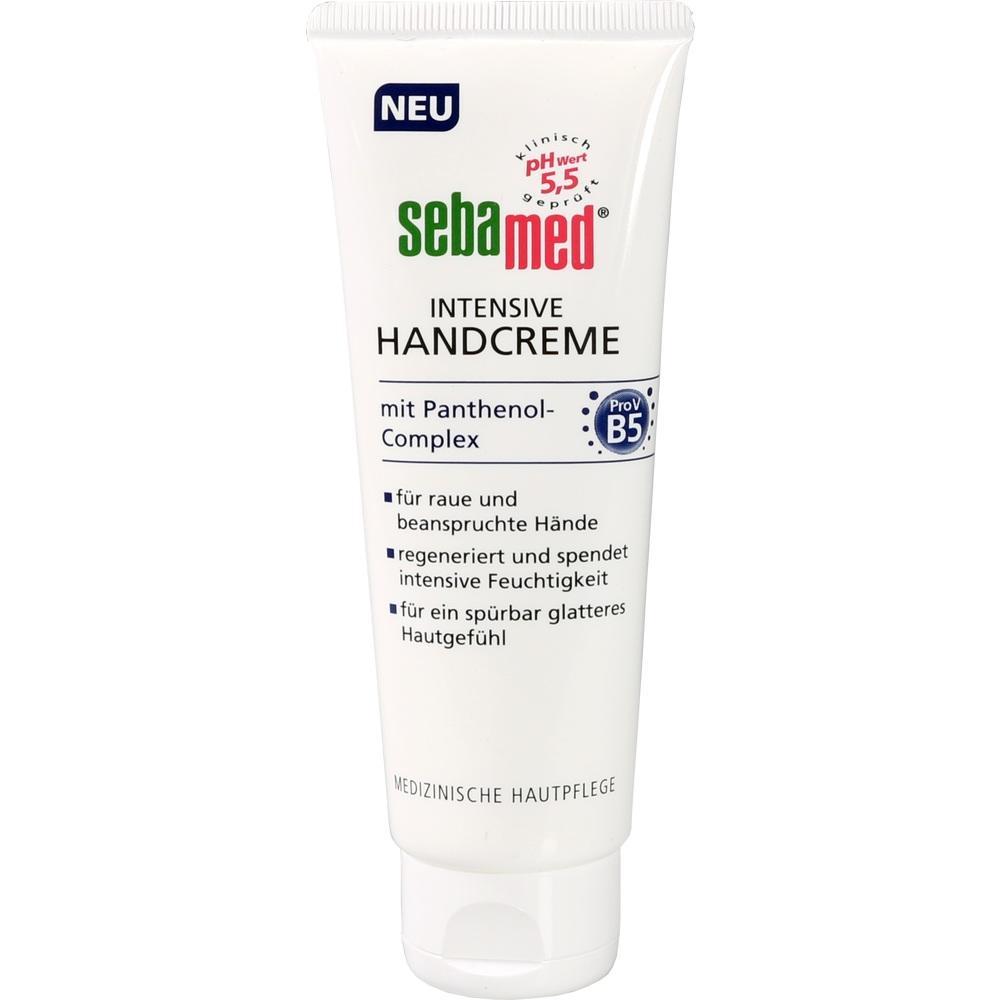 Weiße Tube mit Aufschrift "Sebamed Intensive Handcreme" für trockene Hände.