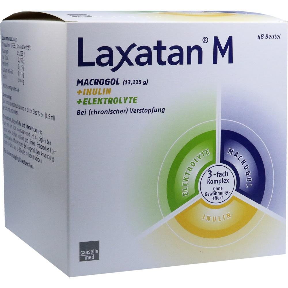 Weiße Verpackung von Laxatan M, einem Mittel gegen Verstopfung.