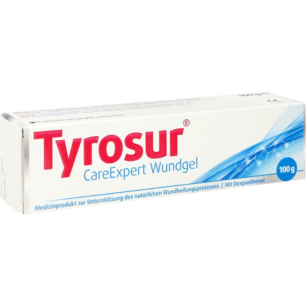 Eine weiße Box Tyrosur Wundgel mit rotem Schriftzug und blauen Details.