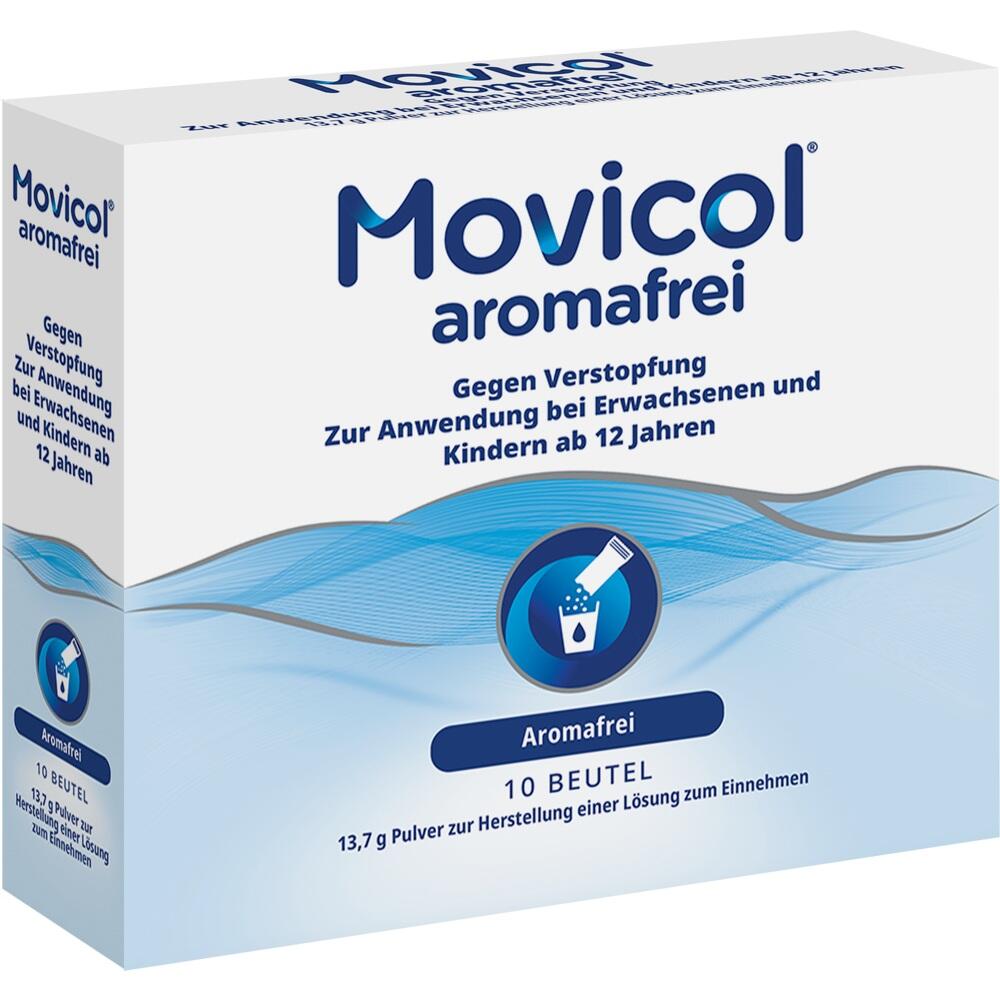 Eine Schachtel Movicol-Pulver gegen Verstopfung, aromafrei, 10 Beutel enthalten.