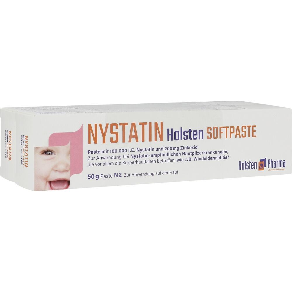 Eine Packung Nystatin Holsten Softpaste für Hautanwendung mit lächelndem Baby auf der Verpackung.