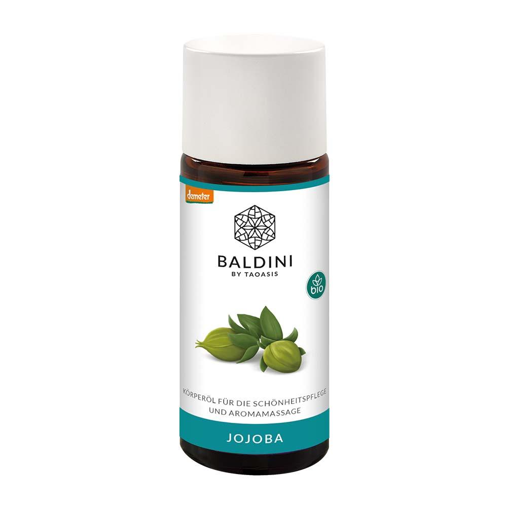 Braunes Fläschchen mit weißem Etikett, darauf steht "Baldini Jojoba Körperöl".