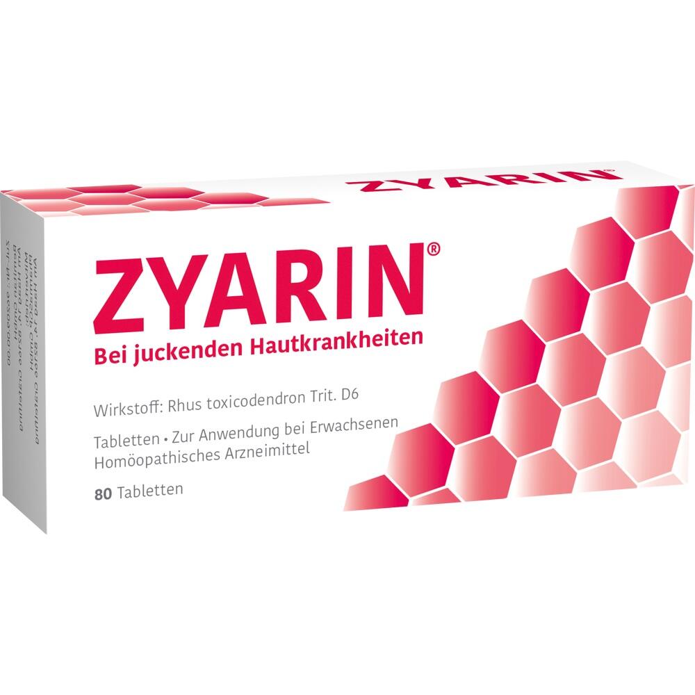 Weiße Medikamentenpackung mit roter Aufschrift "Zyarin" gegen juckende Hautkrankheiten.