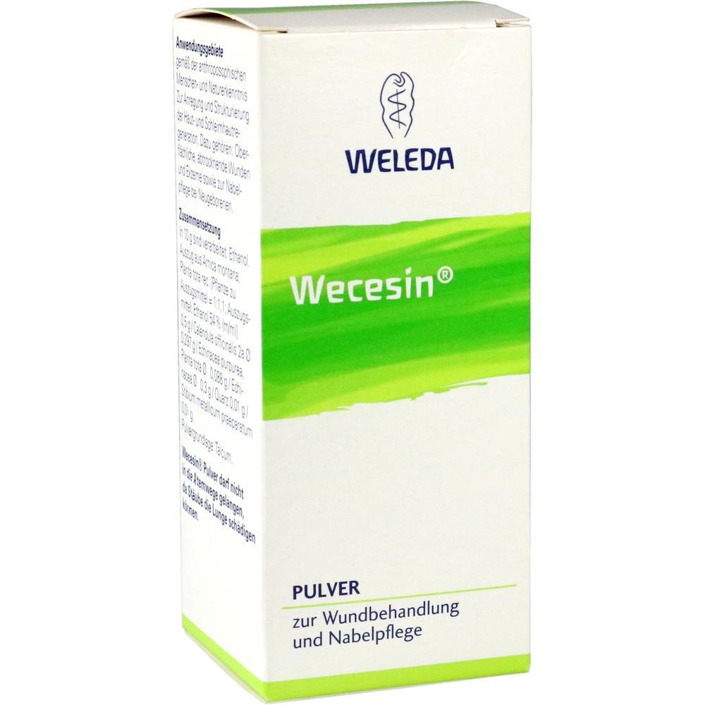 Wei&szlig;e Schachtel mit gr&uuml;ner Aufschrift "Wecesin", ein Pulver f&uuml;r Wunden und Nabelpflege.