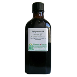 Dunkle Flasche mit Etikett und schwarzem Schraubverschluss.