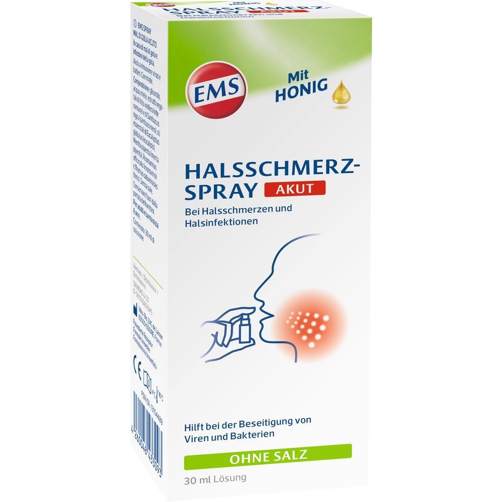 Eine Packung EMS Halsschmerz-Spray mit Honig gegen Halsschmerzen.