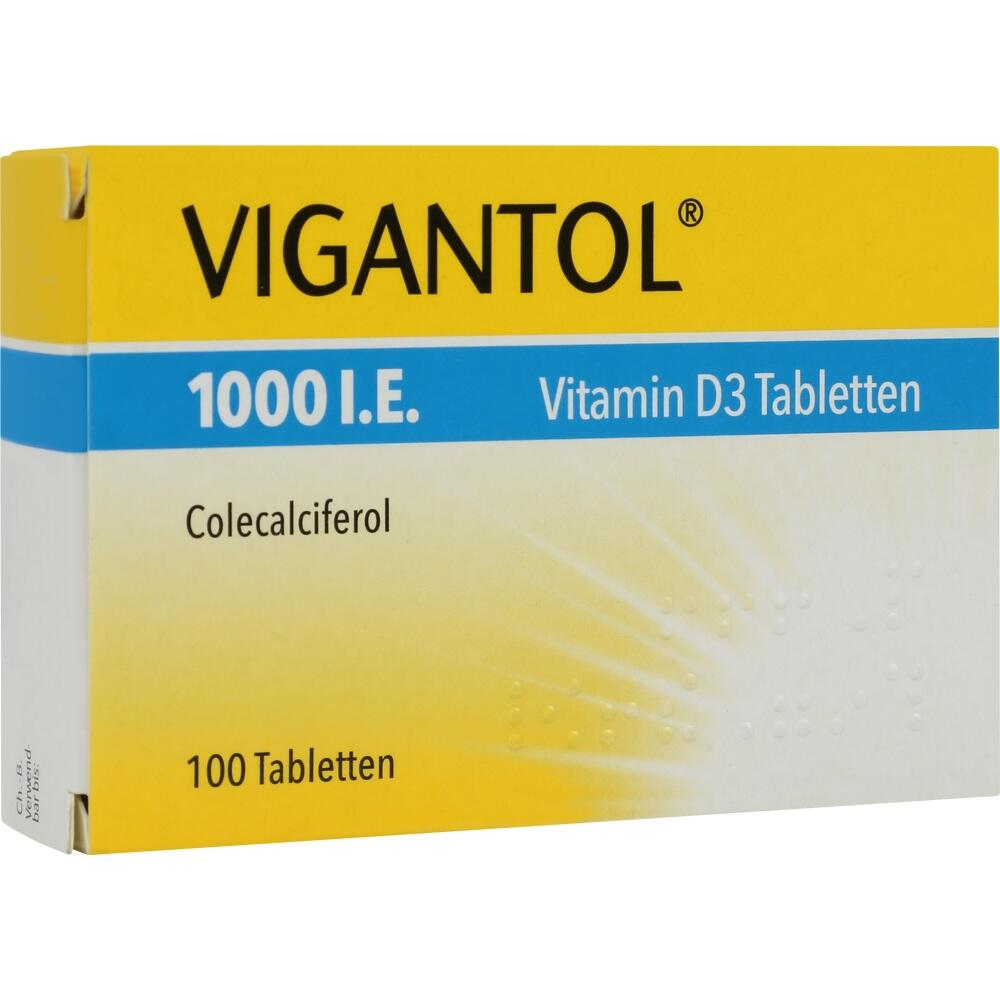 Gelbe Packung mit Vitamin D3 Tabletten, Marke Vigantol, 100 Tabletten.