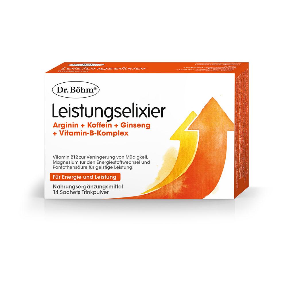 Orange-weiße Packung mit der Aufschrift "Leistungselixier" und Inhaltsstoffen.
