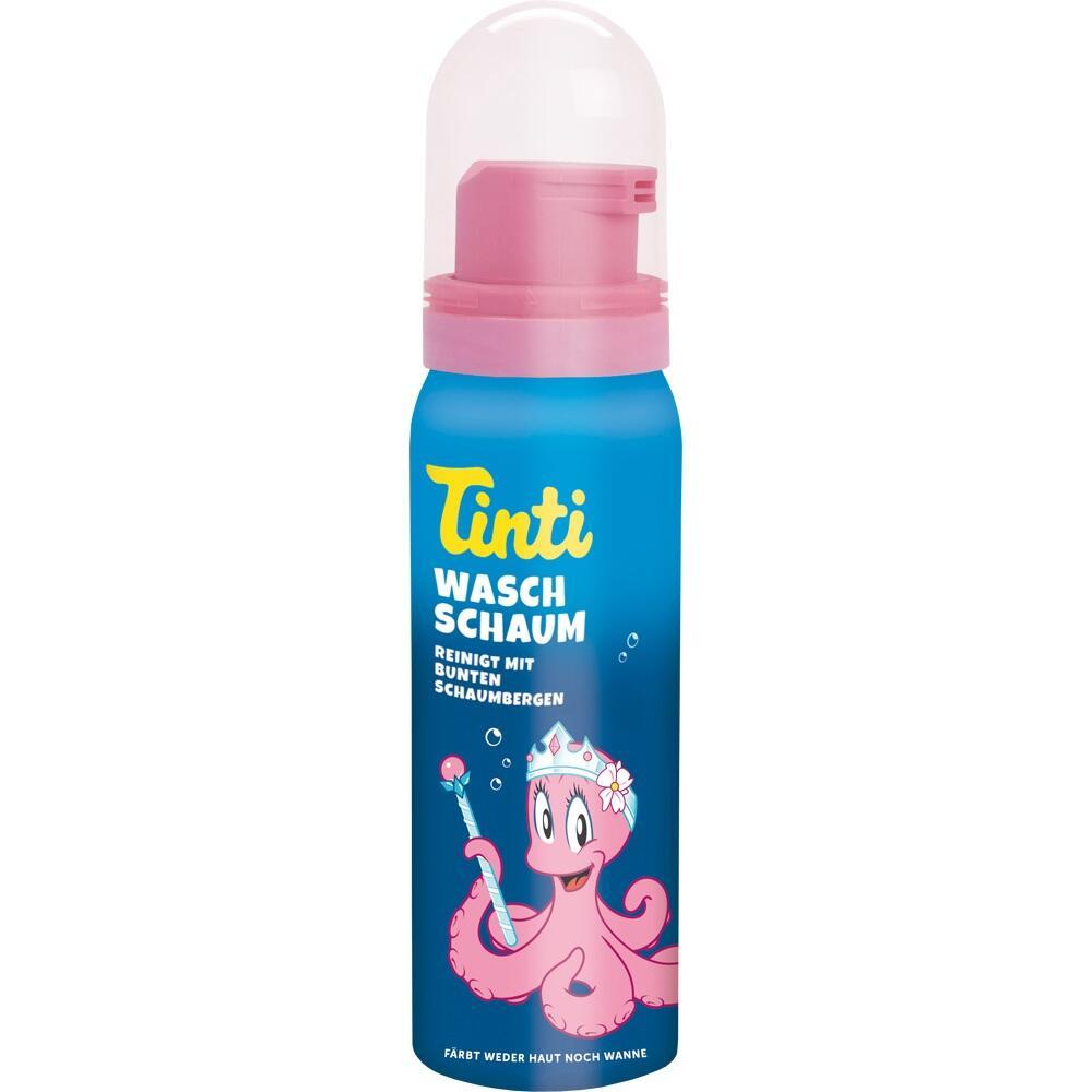 Blau-pinke Flasche mit einer lächelnden, pinken Krake und dem Schriftzug "Tinti Waschschaum".