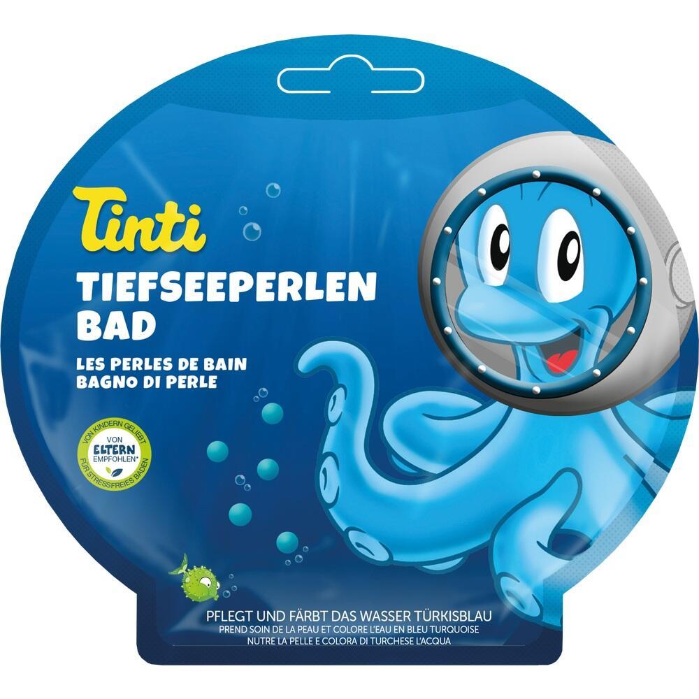 Ein fröhlicher blauer Oktopus auf einer Tinti-Bad-Verpackung.