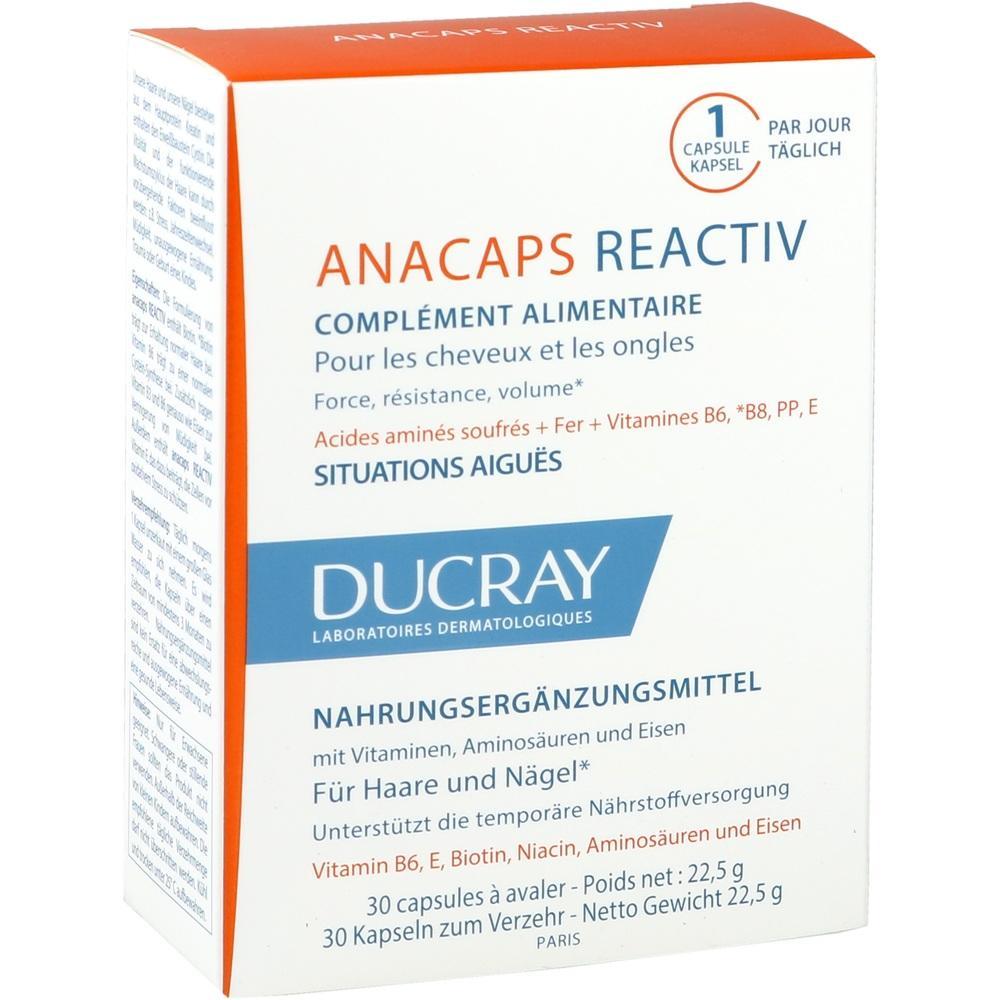 Eine Verpackung von Anacaps Reactiv Nahrungserg&auml;nzungsmitteln f&uuml;r Haare und N&auml;gel.