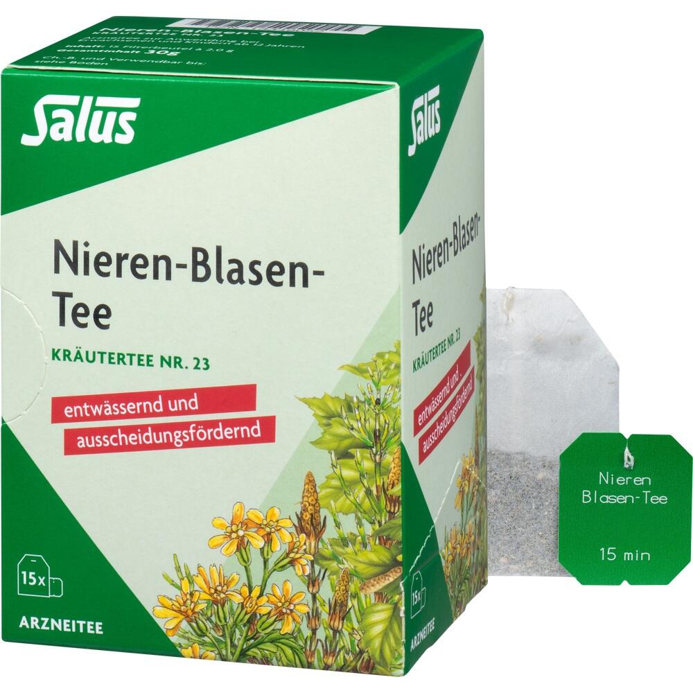 Grüne Teepackung mit der Aufschrift "Nieren-Blasen-Tee" und einem Teebeutel daneben.