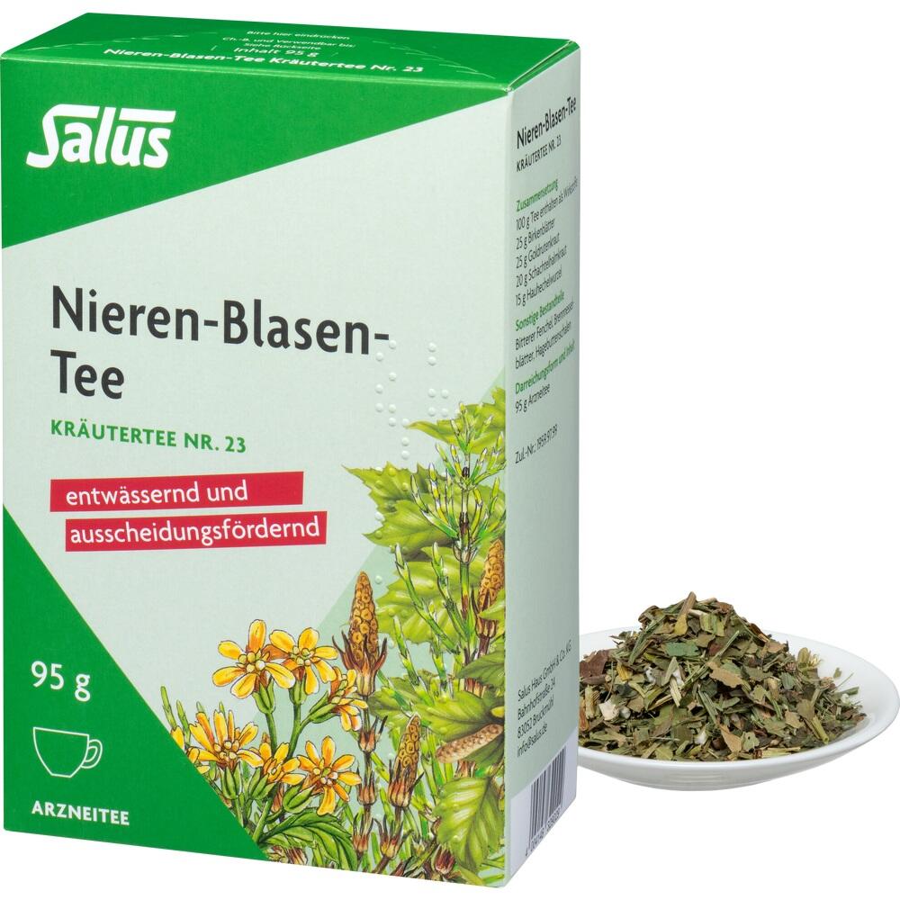 Packung Nieren-Blasen-Tee mit Kräutern auf kleinem Teller daneben.