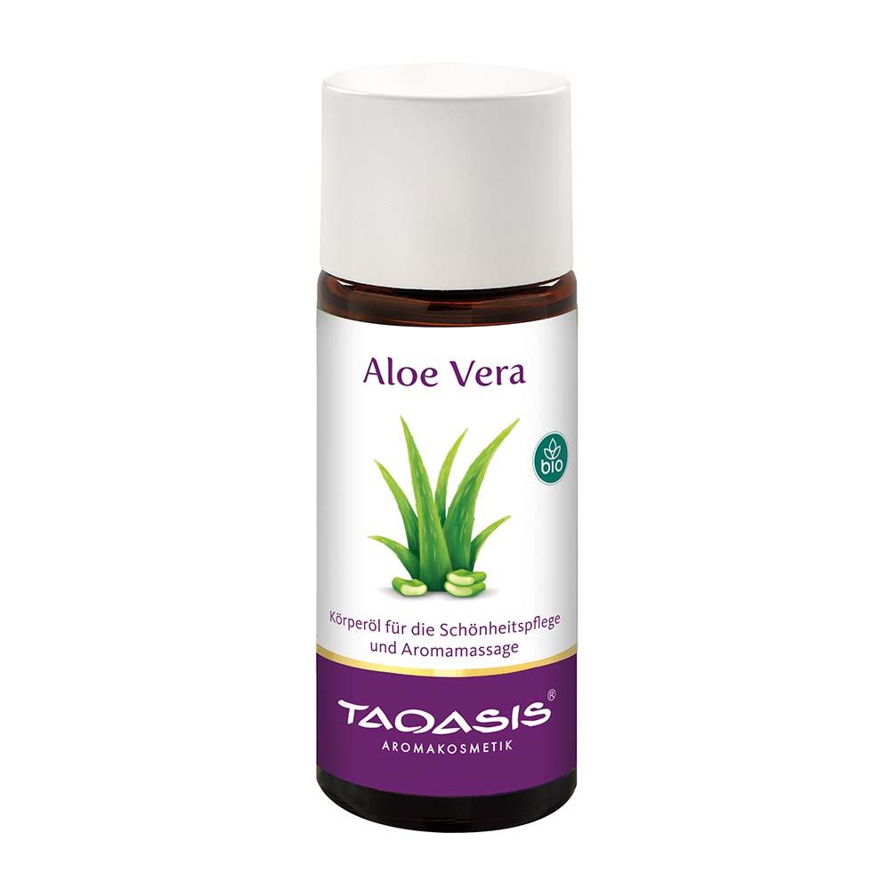 Braune Flasche mit Aloe Vera Öl für Schönheitspflege und Massage.