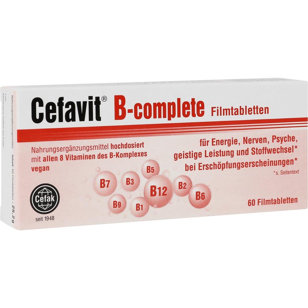 Verpackung von Cefavit B-complete mit 60 Tabletten f&uuml;r Energie und Nerven.