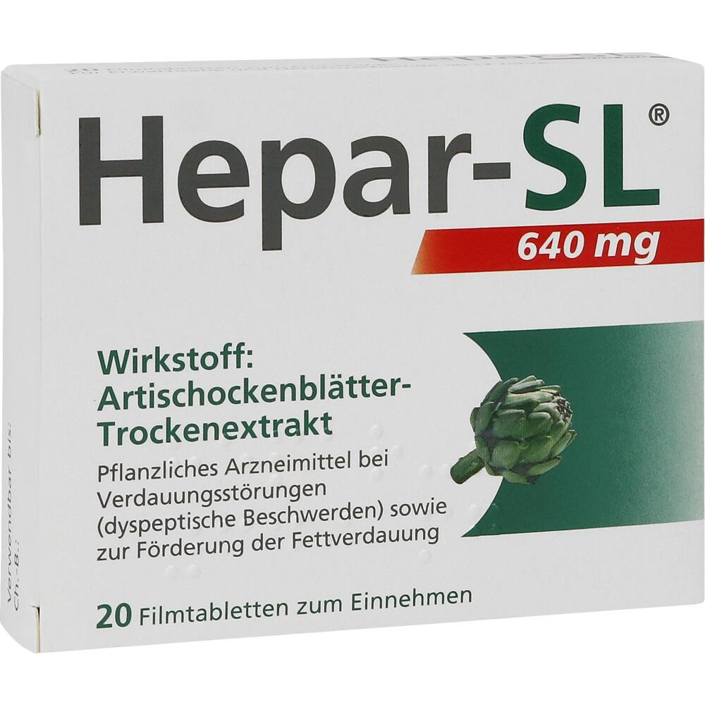 Verpackung von Hepar-SL Tabletten mit Artischockenextrakt zur Verdauungsförderung.