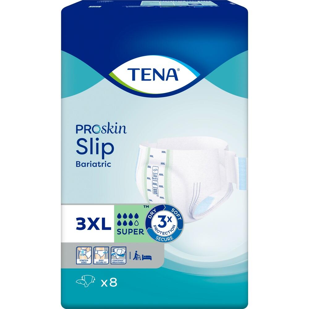 Packung TENA Proskin Windeln in Größe 3XL mit 8 Windeln für Erwachsene.