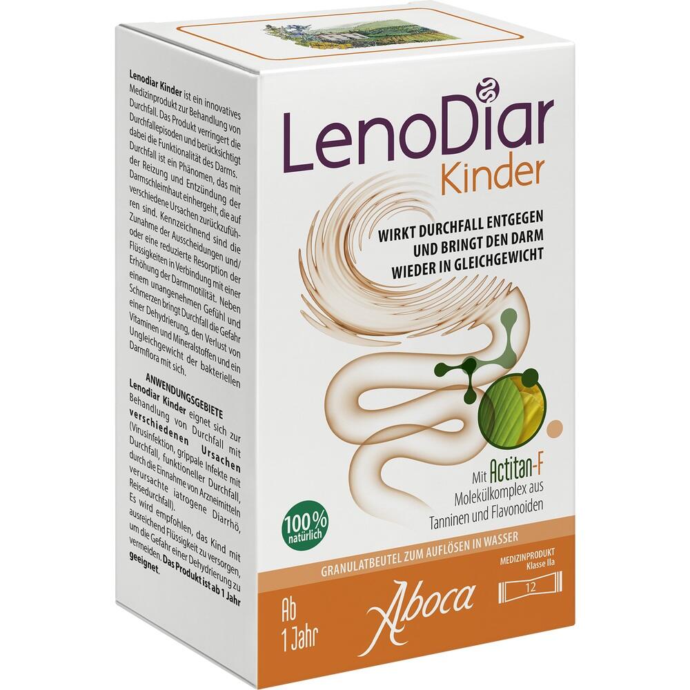 Verpackung von LenoDiar Kinder, einem Produkt gegen Durchfall für Kinder ab 1 Jahr.