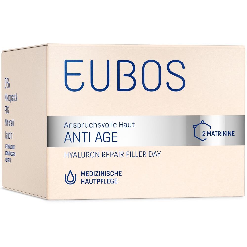 Eine cremefarbene Verpackung f&uuml;r Anti-Aging-Hautpflege mit blauem Text.