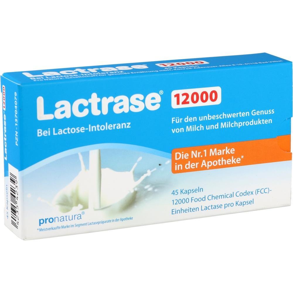 Blaue Verpackung mit dem Text "Lactrase 12000" für Laktoseintoleranz.