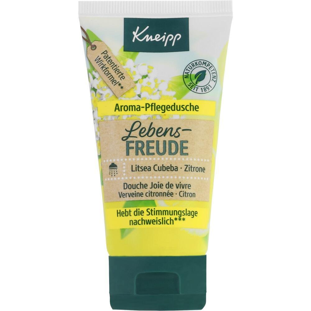Gelbe Kneipp Duschgel-Tube mit der Aufschrift "Lebensfreude" und Zitronenmotiv.