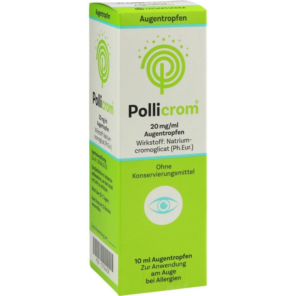 Grüne und weiße Verpackung von PolliCrom Augentropfen gegen Allergien.