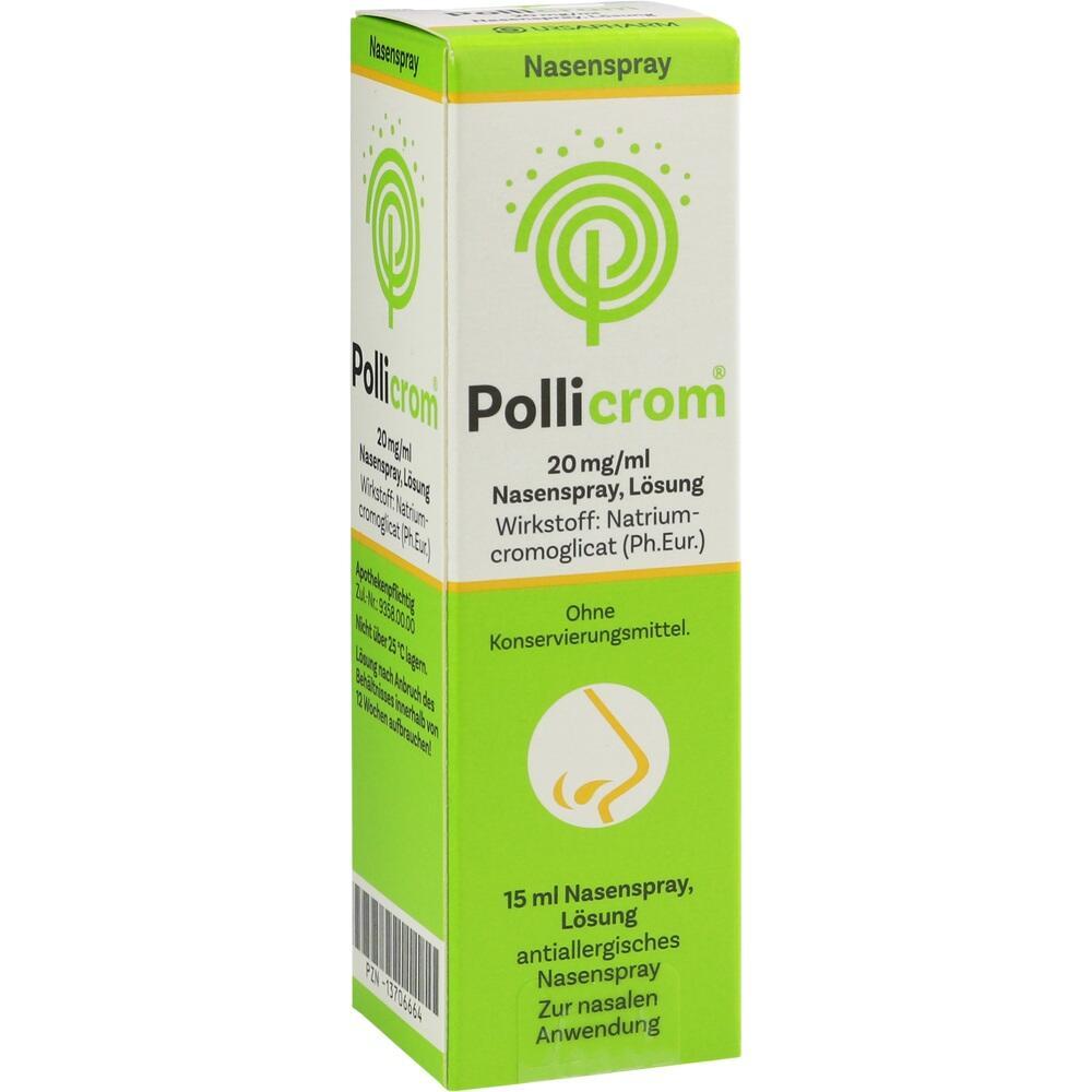 Grüne und weiße Nasenspray-Verpackung mit Aufschrift "Pollicrom".