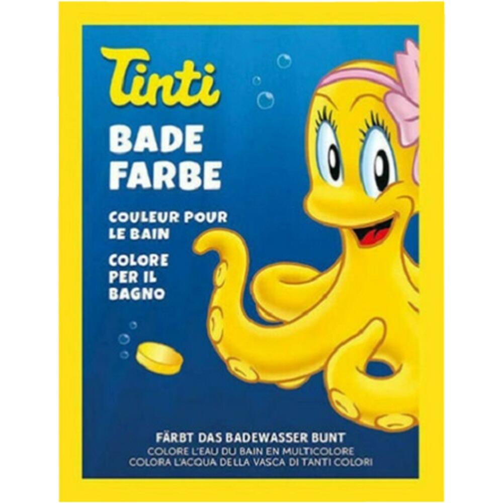 Eine gelbe Comic-Krake wirbt für bunte Badfarbe.