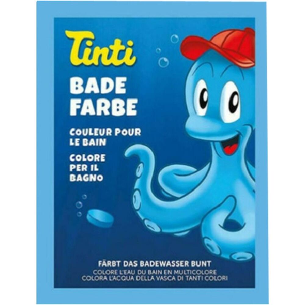 Eine blaue Tintenfischfigur mit roter Mütze auf einer Verpackung für Badefarbe.