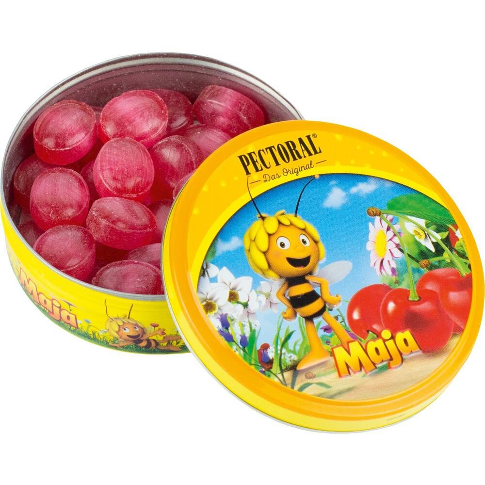 Gelbe Dose mit Biene Maja und roten Bonbons innen.