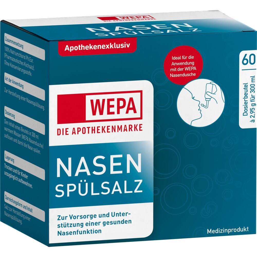Blaue Verpackung von WEPA Nasenspülsalz für eine gesunde Nasenfunktion.