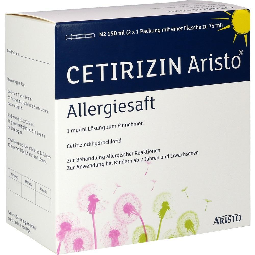 Schachtel von Cetirizin Aristo Allergiesaft zur Behandlung von Allergien.