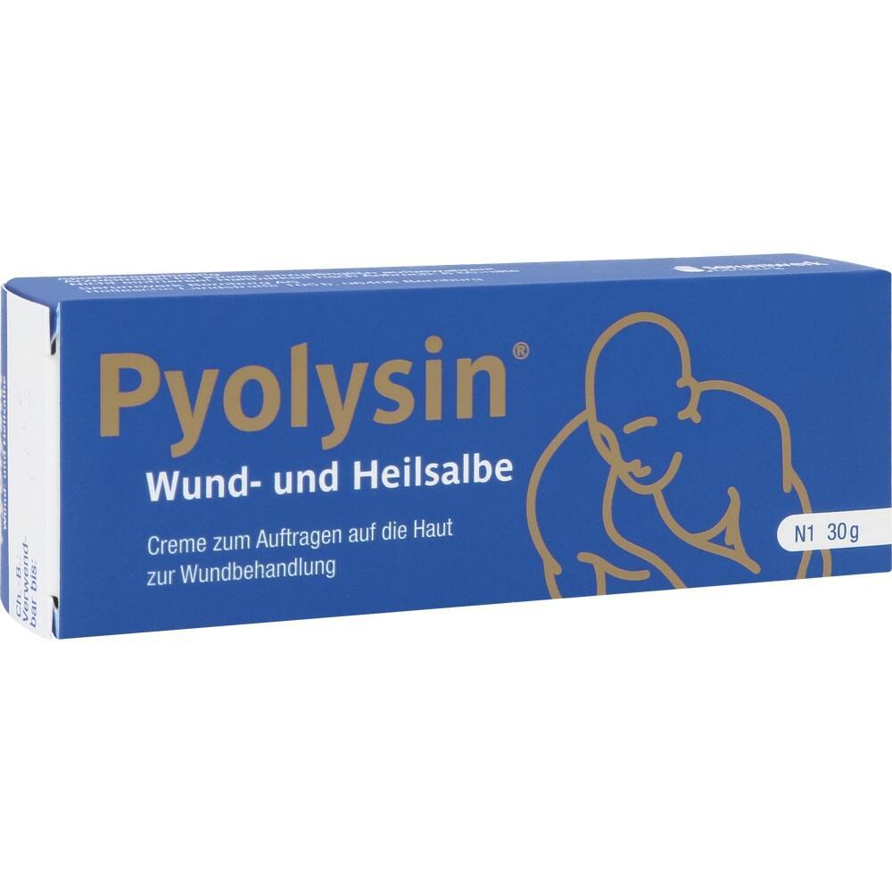 Blaue Packung mit Pyolysin Wund- und Heilsalbe zur Behandlung von Hautwunden.