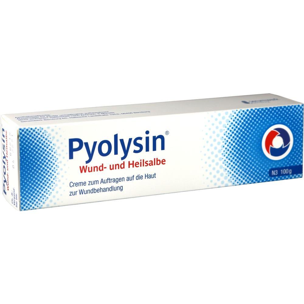 Eine Packung Pyolysin Wund- und Heilsalbe für die Hautbehandlung.