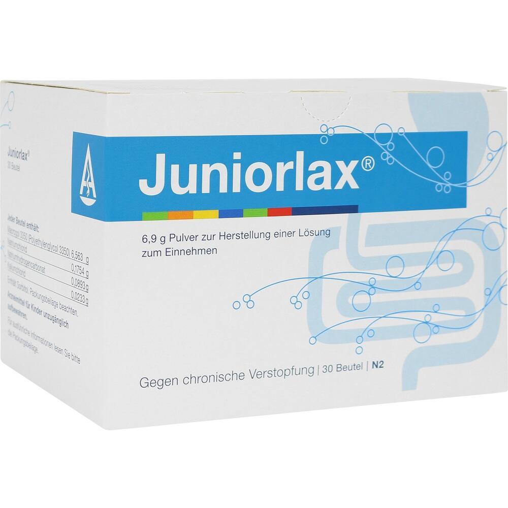 Eine Packung Juniorlax Pulver zur Behandlung von Verstopfung.