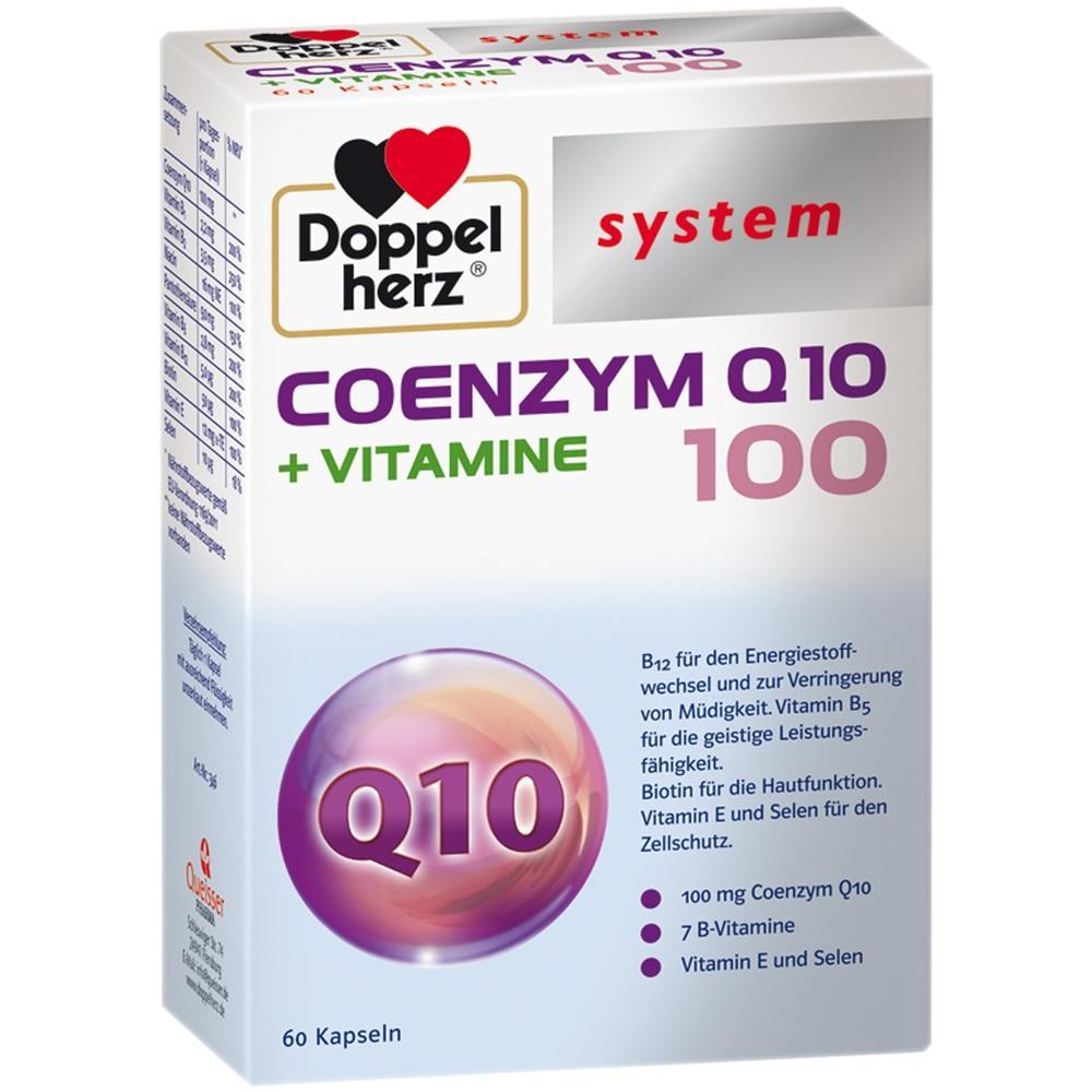 Eine Box mit Coenzym Q10 und Vitaminen von Doppelherz, 60 Kapseln.