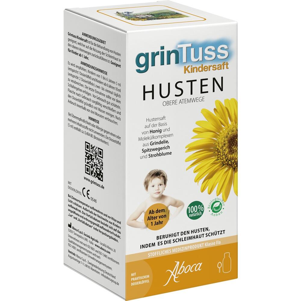 Verpackung von "grinTuss Kindersaft" für Husten mit Sonnenblume und Kind abgebildet.