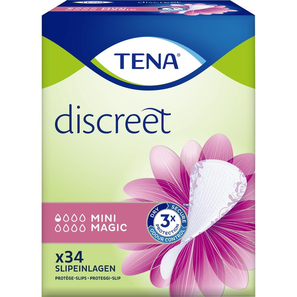 Verpackung von TENA Slipeinlagen mit einer Blume im Hintergrund.