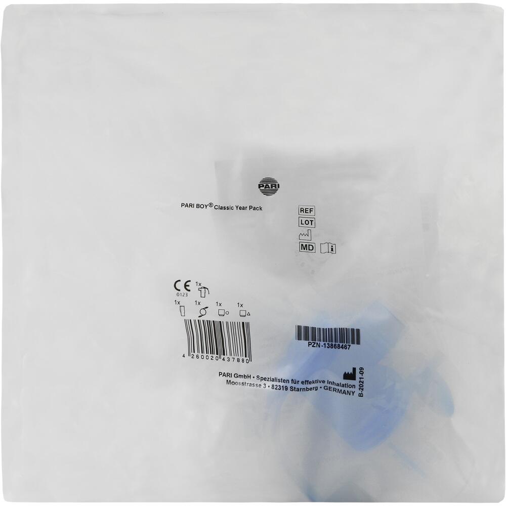 Eine weiße Verpackung mit Text und einem blauen Gegenstand innen.